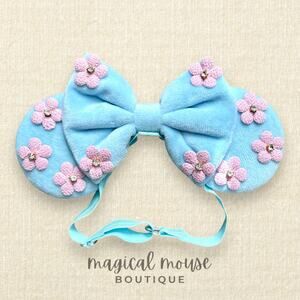 Elastic Pastel Blue Velvet Pink Floral Minnie Ears | Disney-Inspired Mouse Ears